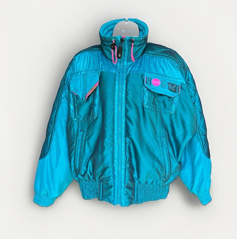 Kaelin Solar Power Ski Jacket Women Sz 10 Metallic Blue Pink Retro Apres Vtg 80s